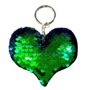 K Reversible Sequin Embellished Puff Heart Green and Blue Key Chain